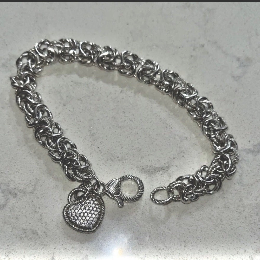 JUDITH RIPKA STERLING SILVER 925 VERONA BYZANTINE CLEAR CZ HEART CHARM BRACELET